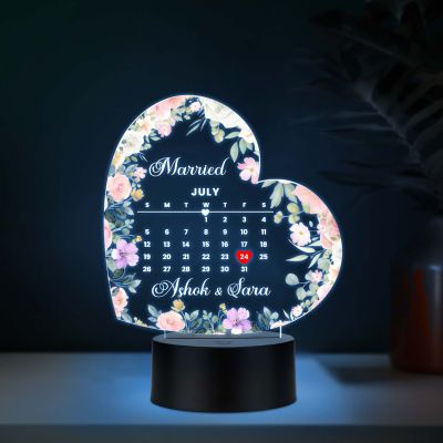 Personalized Heart Shape Wedding LED Lamp Custom with Names and Marriage Date – Romantic Anniversary & Wedding Gift for Couples, Husband, Wife | Multicolored Light with USB Cable
